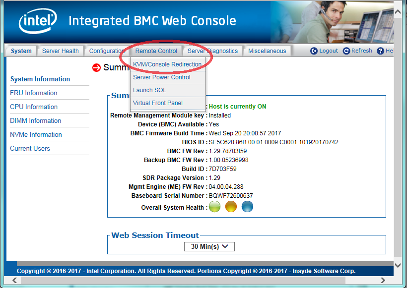 Intel Integrated BMC Console: Remote Control Tab