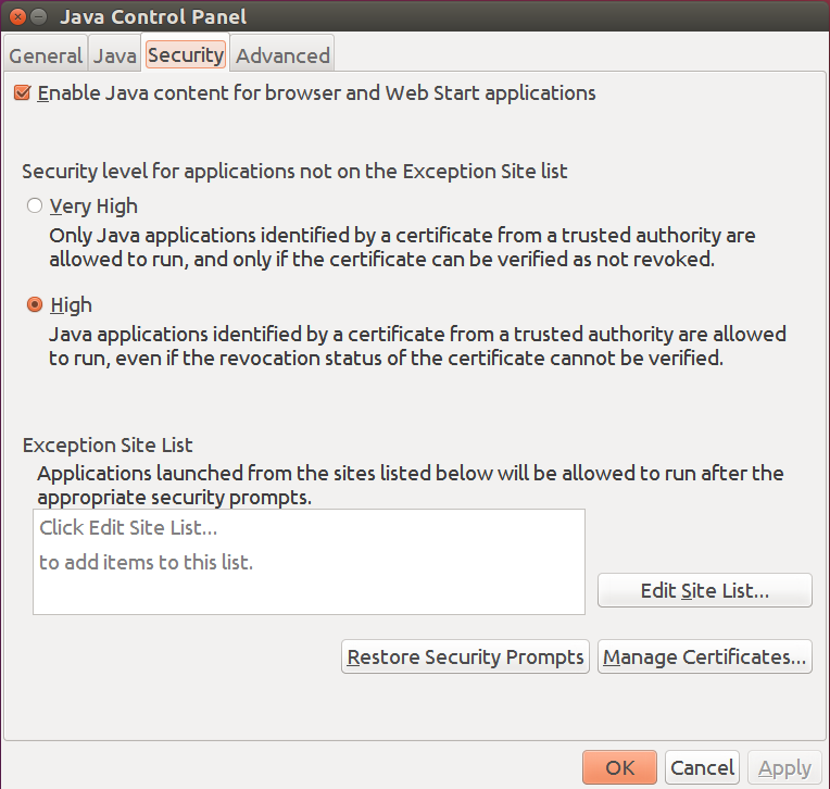 Java Control Panel Security Tab: Linux