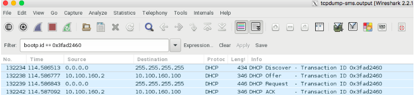 Healthy DHCP Discover Sequence Displayed on the Wireshark UI