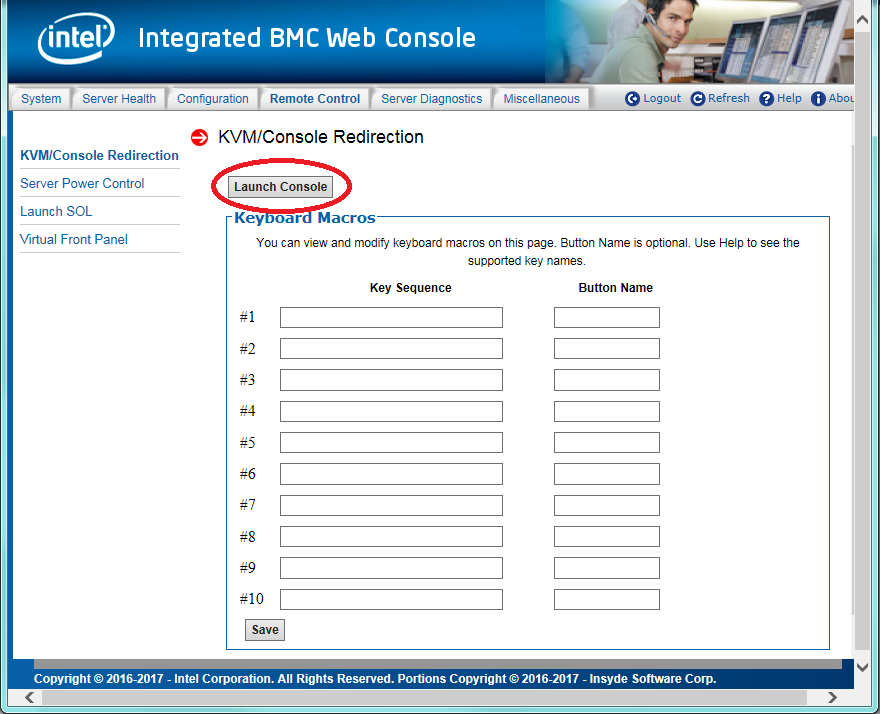 Intel Integrated BMC Console: Launch Console Button