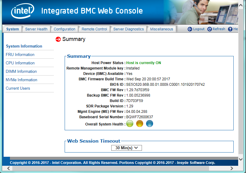 Intel Integrated BMC Console: Summary Page