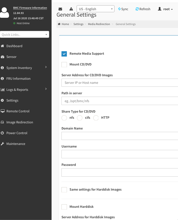 Screen Shot of Gigabyte BMC Virtual Media Settings