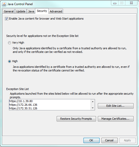 Java Control Panel Security Tab: Windows